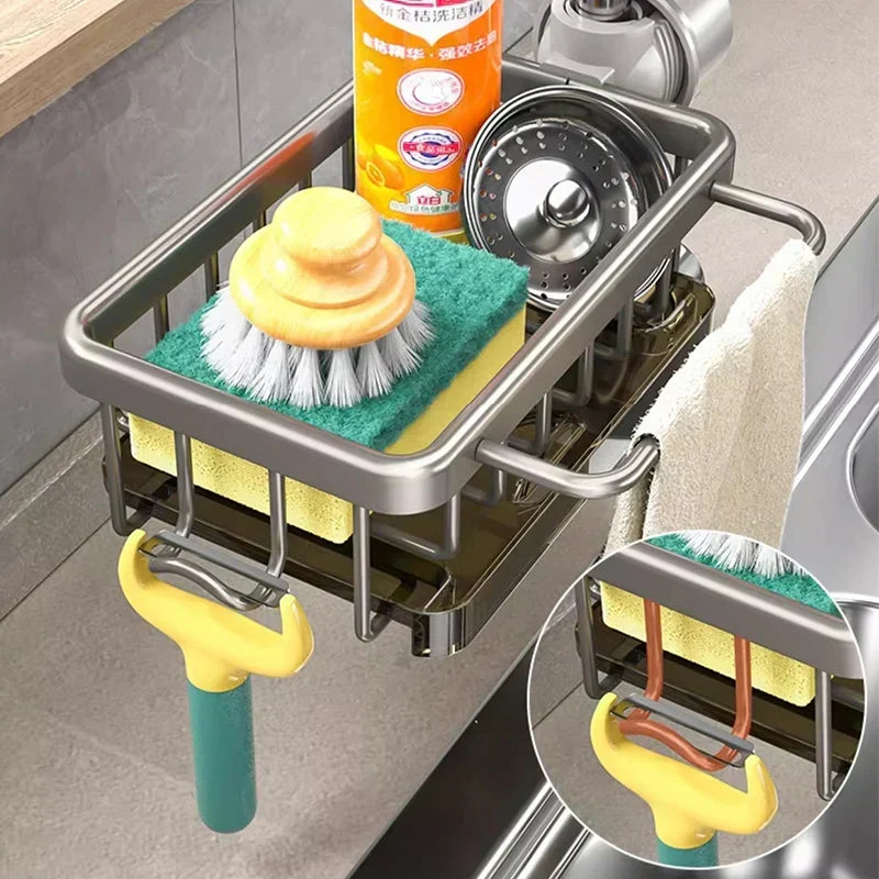 Solución de almacenaje de aluminio para el fregadero, organiza utensilios y mejora el orden en cualquier cocina.
