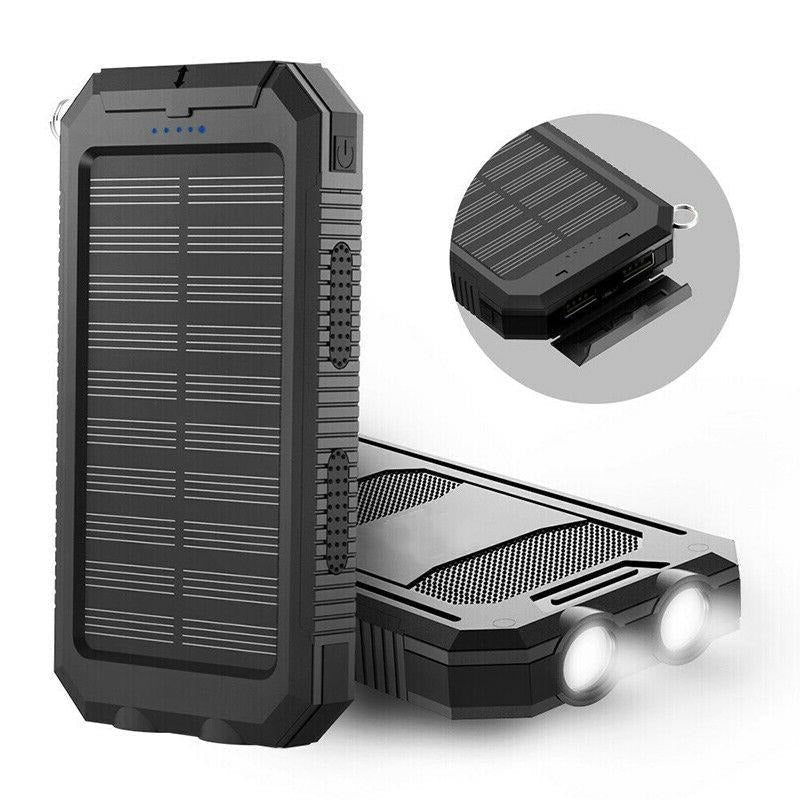 Batería externa solar 500000mAh impermeable con doble USB, ideal para carga portátil en exteriores.