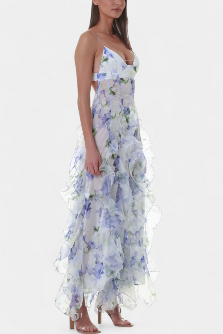 Vestido largo floral para mujer, elegante con volantes y aberturas laterales.