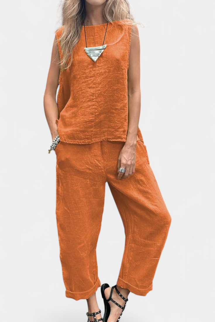 Conjunto Leona de lino y algodón, chaleco y pantalón de mujer para un verano fresco y transpirable. Comodidad.