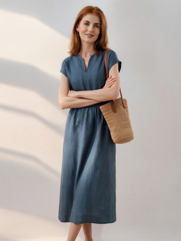 Vestido de lino midi azul marroquí para mujer con cuello V y cintura ajustable, casual de verano.