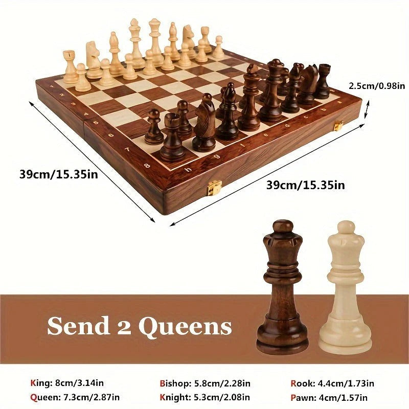 Elegante juego de ajedrez de madera maciza, un clásico con piezas extras para jugadores intelectuales.