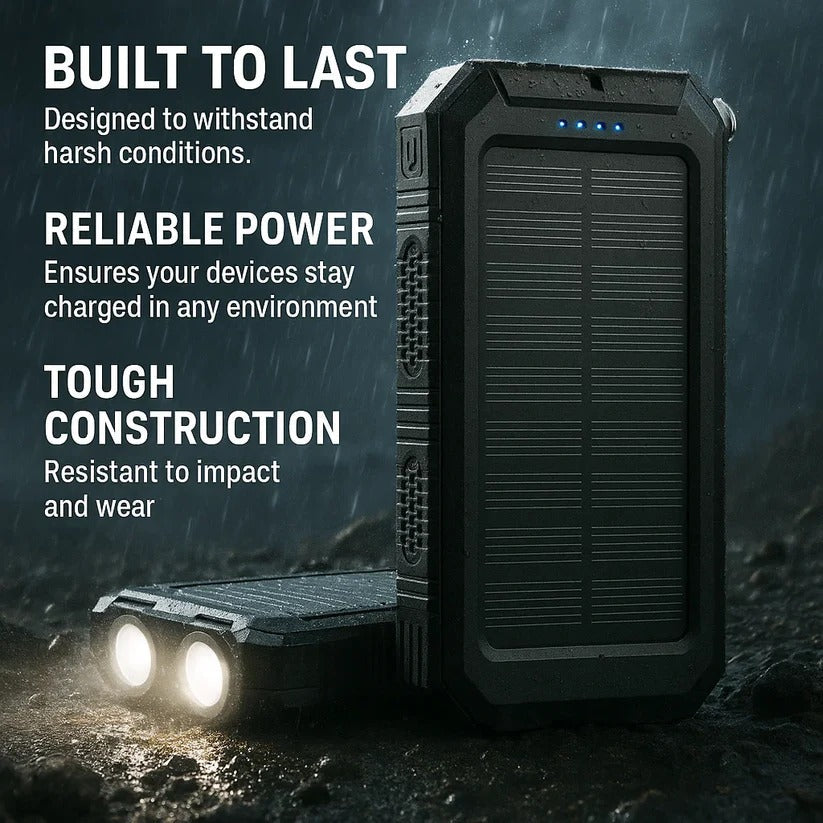 Batería externa solar portátil 500000mAh para senderismo, camping, resistente al agua y con linterna.