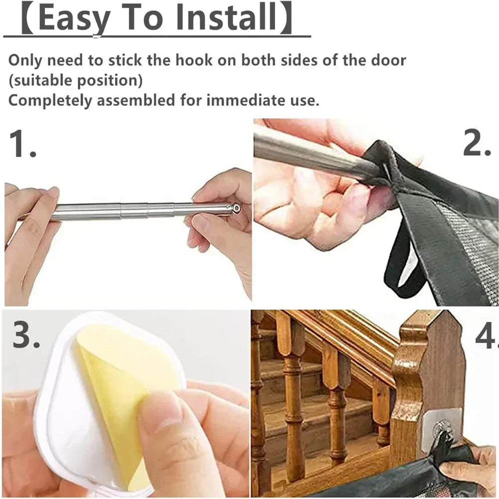 Barrera de seguridad para mascotas, malla resistente y portátil para perros y gatos. Protege tu hogar.
