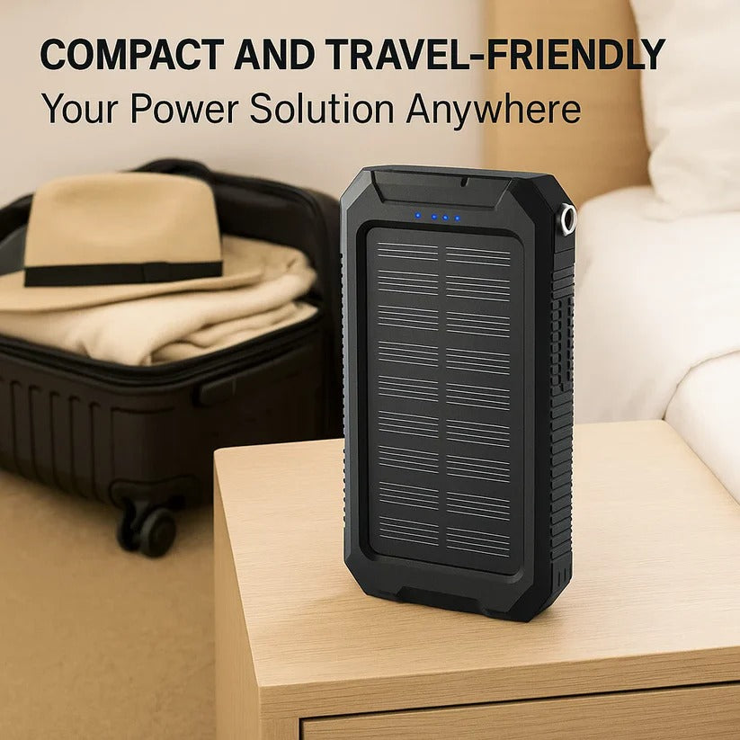 Power bank solar impermeable 500000mAh con doble puerto USB para cargar dos dispositivos simultáneamente.