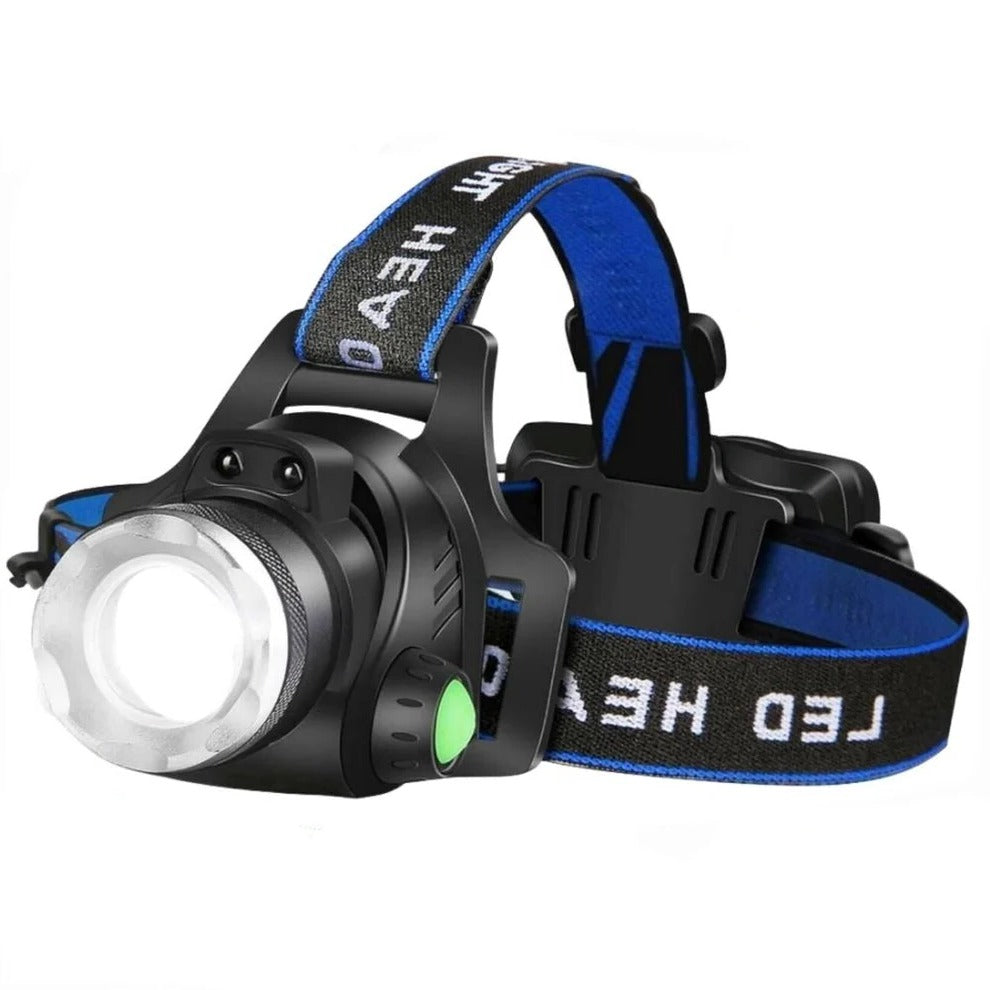 Linterna frontal LED recargable. Iluminación potente manos libres para senderismo, camping y trabajo.