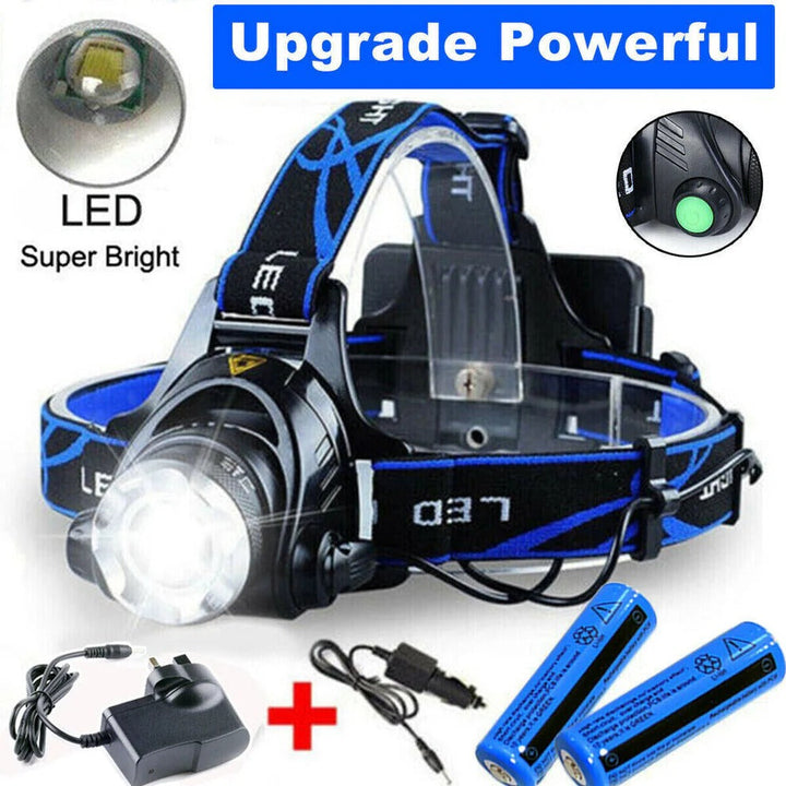 Linterna frontal LED recargable. Ideal para senderismo nocturno, aventura y camping. Luz potente.