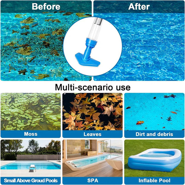Aspiradora de piscina con cepillo integrado limpiando paredes. Herramienta inalámbrica portátil para hogar y exterior.