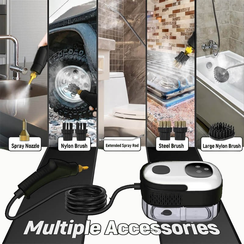 Limpiador de vapor 2500W con accesorios, ideal para limpieza detallada y desinfección de superficies.
