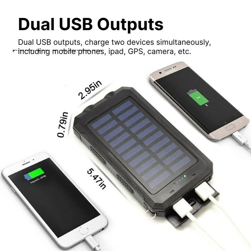 Power bank solar 500000mAh impermeable, dual USB, linterna LED, ideal para acampada y emergencias.