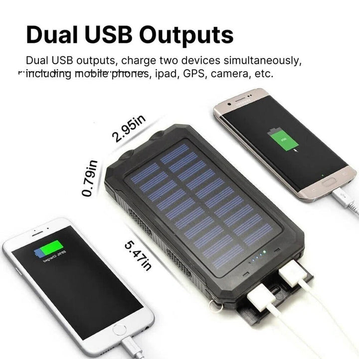Power bank solar 500000mAh impermeable, dual USB, linterna LED, ideal para acampada y emergencias.