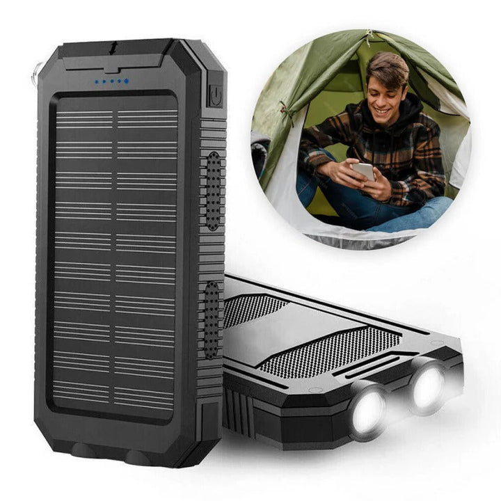 Batería externa solar resistente al agua 500000mAh, dual USB, perfecta para aventuras al aire libre.