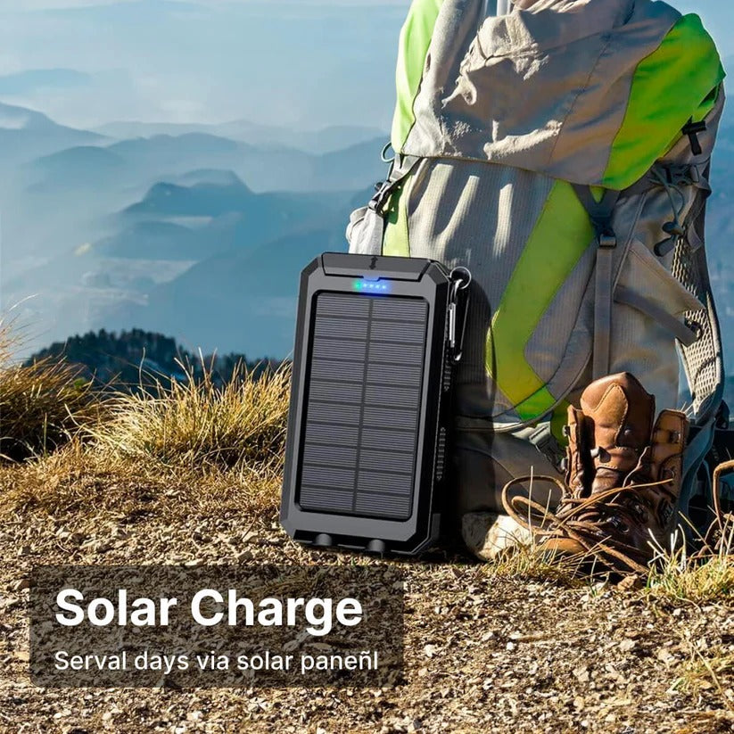 Cargador solar portátil 500000mAh, impermeable, con dos puertos USB, ideal para mochila y excursiones.