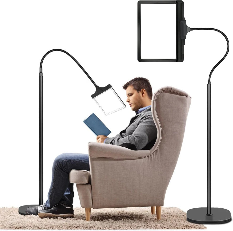 Lámpara de pie con lupa y luz LED, ideal para lectura, manualidades y hobbies. Proporciona aumento y claridad.