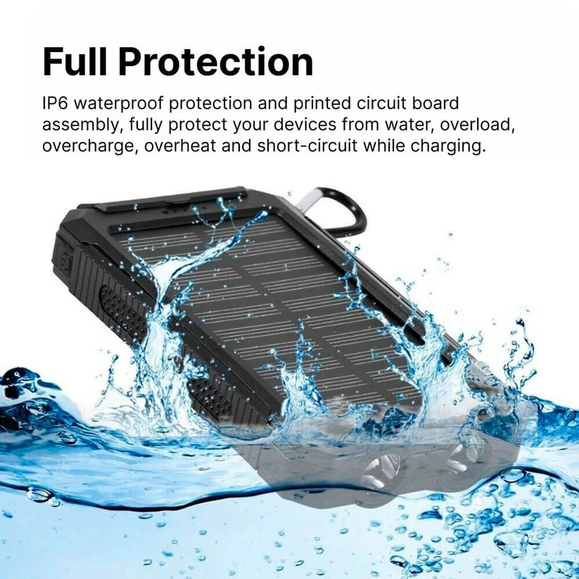 Batería solar 500000mAh para camping, senderismo, impermeable, dual USB, energía de emergencia.