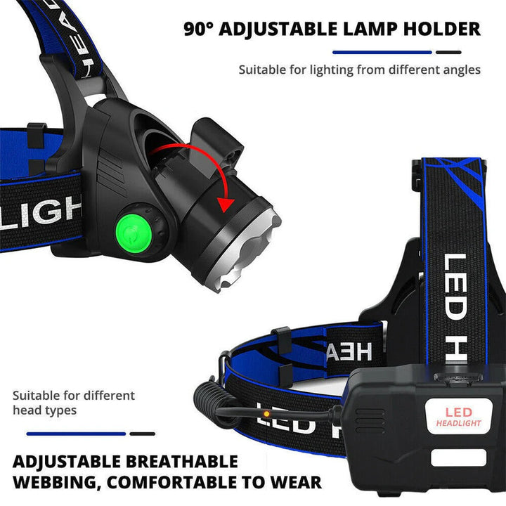 Potente linterna frontal LED recargable. Iluminación de alto rendimiento para aventura y camping.
