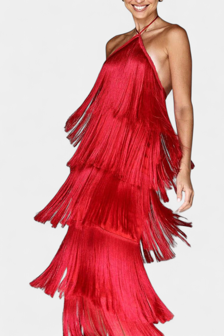 Vestido sexy de cóctel para mujer, con flecos y espalda abierta, ideal para eventos de verano y noche.