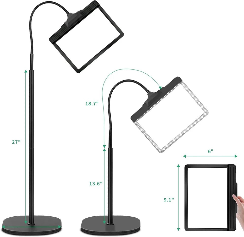 Lámpara de pie LED flexible con lupa de aumento para lectura y manualidades sin manos. Visión detallada.