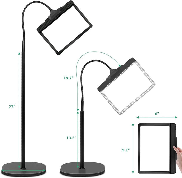 Lámpara de pie LED flexible con lupa de aumento para lectura y manualidades sin manos. Visión detallada.