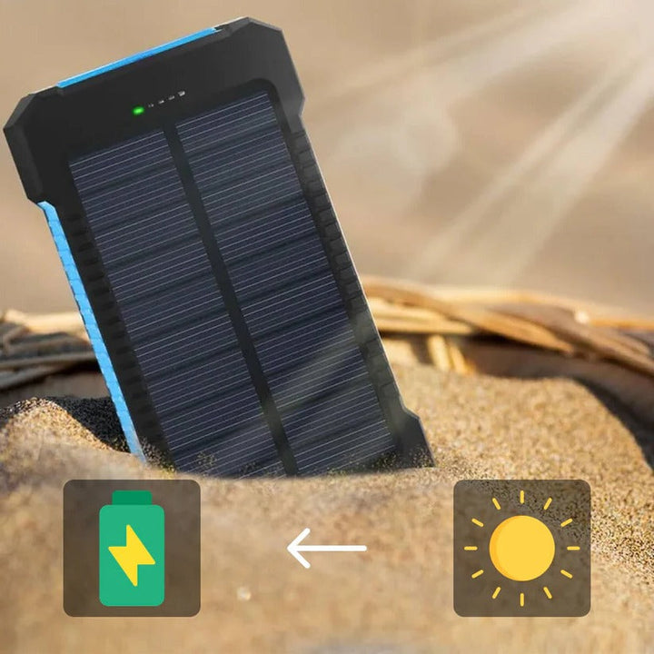 Power bank solar ecológico 500000mAh, impermeable, dual USB, carga tus dispositivos con energía limpia.