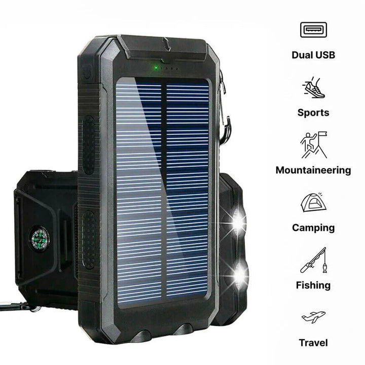 Batería externa solar 500000mAh con potente linterna y doble USB, impermeable para cualquier clima.