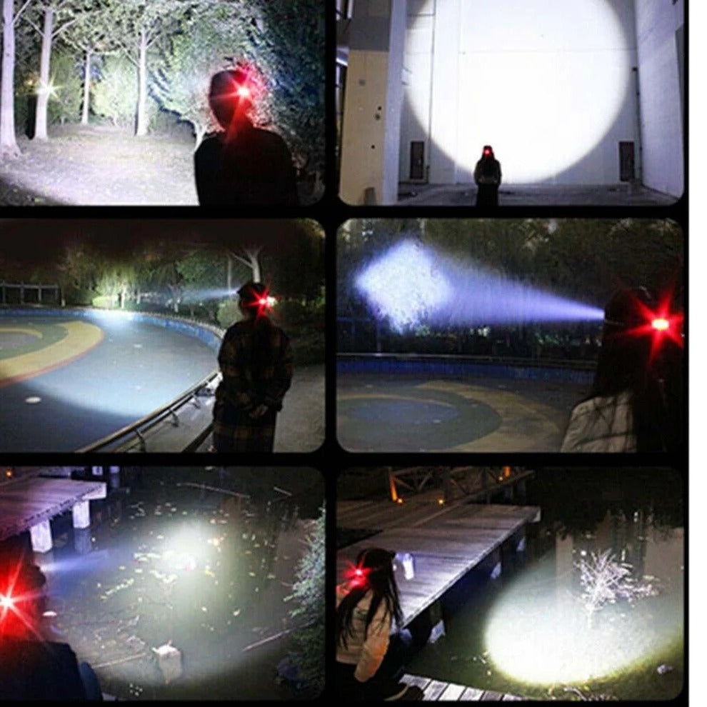 Linterna frontal LED unisex recargable. Versátil para trabajo, camping, senderismo y emergencia.