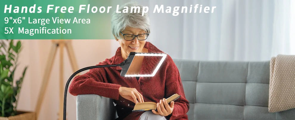 Lámpara de pie con lupa y luz LED brillante para lectura cómoda, ideal para libros y revistas.