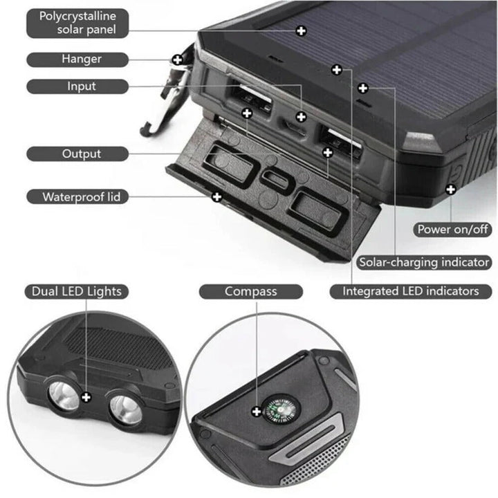 Cargador solar impermeable 500000mAh, power bank portátil con doble USB para emergencias y viajes.