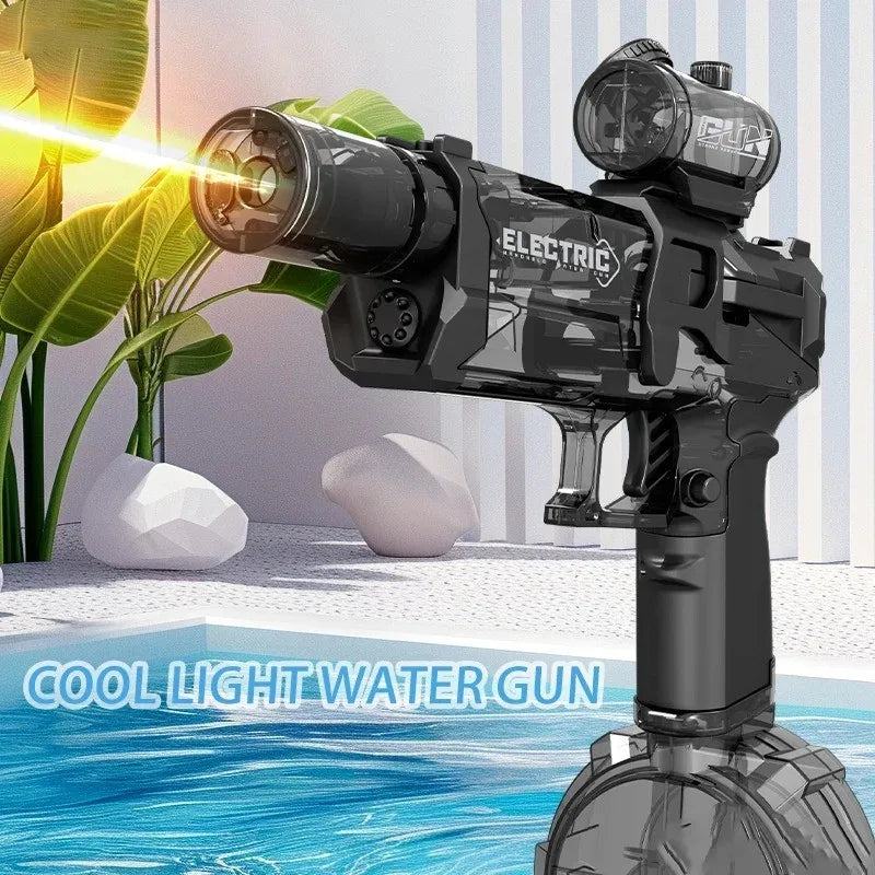 Lanzador de agua automático para niños con luces LED, perfecto para juegos de verano en piscina o playa.