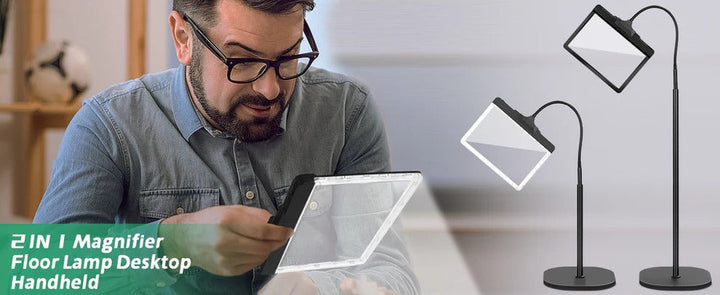 Lámpara de pie LED con lupa para ayuda visual en lectura y hobbies, mejora la visión y la precisión.