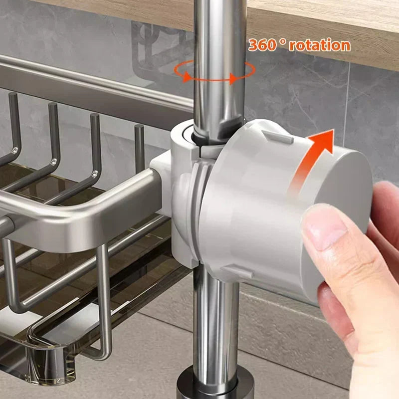 Cesta organizadora de aluminio para fregadero de cocina, optimiza el espacio y guarda esponjas y cepillos secos.