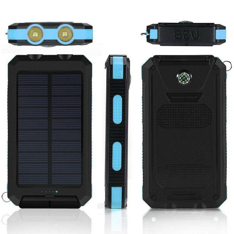 Power bank solar 500000mAh, impermeable IPX6, dual USB, ideal para camping, senderismo y viajes.