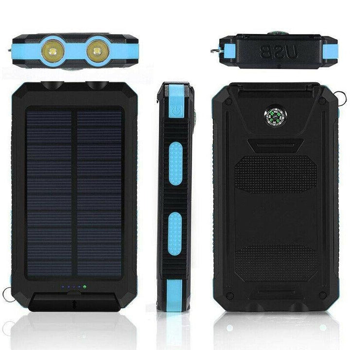 Power bank solar 500000mAh, impermeable IPX6, dual USB, ideal para camping, senderismo y viajes.