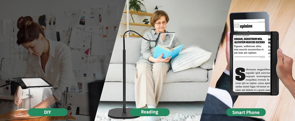 Lámpara de pie moderna con lupa y luz LED para el hogar, accesorio funcional para lectura y manualidades.