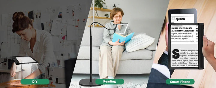 Lámpara de pie moderna con lupa y luz LED para el hogar, accesorio funcional para lectura y manualidades.
