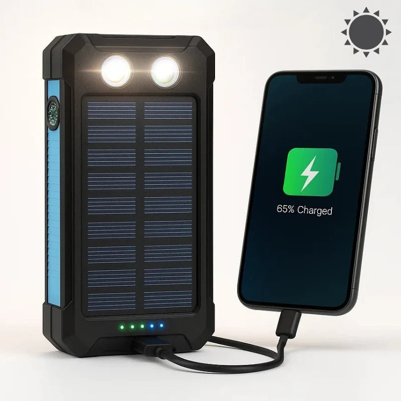 Cargador solar impermeable 500000mAh para senderismo, camping y emergencias. Power bank resistente.