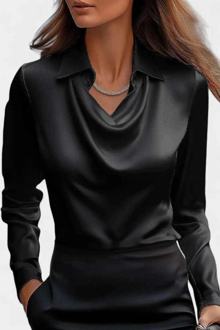 Blusa femenina Dilnaz con escote cascada, tela satinada, moda casual chic de verano.