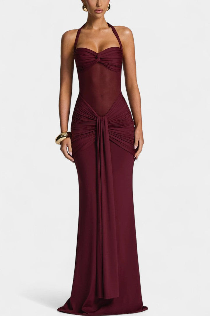 Vestido de fiesta maxi sirena Florian con escote halter. Perfecto para ocasiones especiales y noches elegantes.