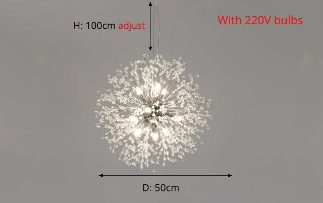 Sofisticada lámpara de techo de cristal. Diseño diente de león. Iluminación de lujo para comedor.