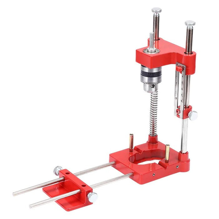 Guía de perforación ajustable para carpintería, taladros precisos en madera y bricolaje.