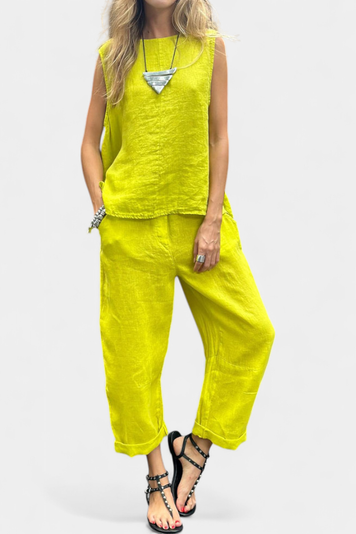 Conjunto Leona de lino y algodón para mujer, chaleco y pantalón, ideal para verano casual. Comodidad.