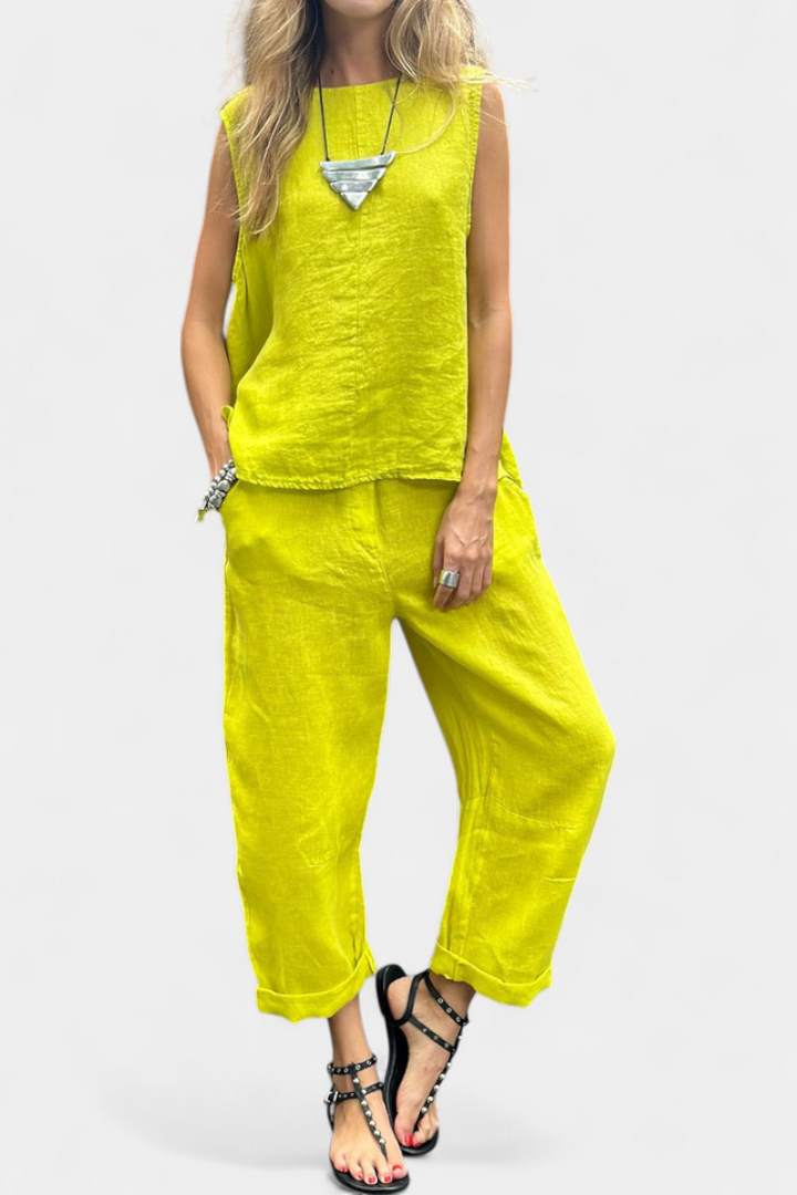 Conjunto Leona de lino y algodón para mujer, chaleco y pantalón, ideal para verano casual. Comodidad.