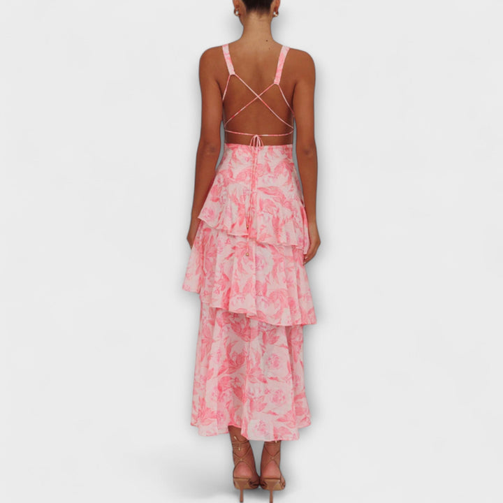 Maxi vestido femenino de verano con escote V y diseño sin mangas, moda casual y chic.