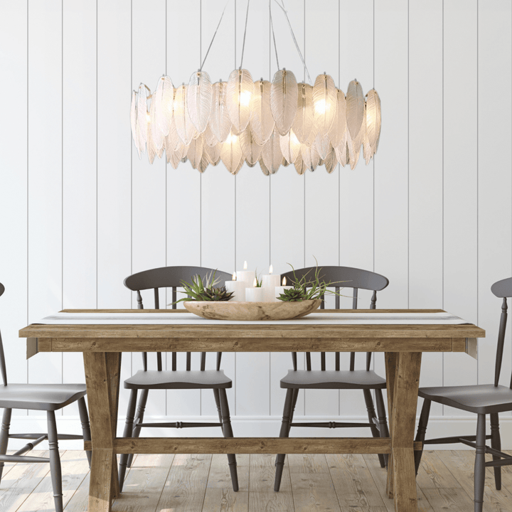 Candelabro artístico moderno para techo, vidrio efecto pluma, lámpara de diseño único y elegante.