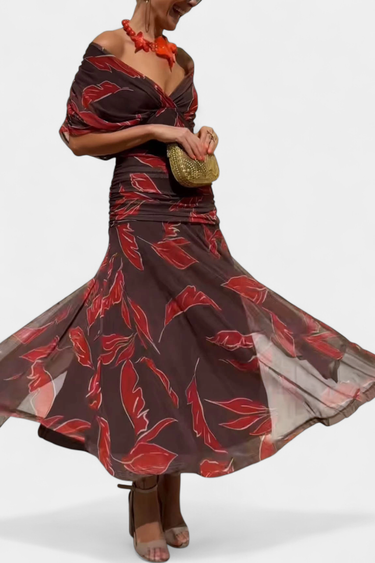 Vestido largo floral para mujeres, escote V. Estilo elegante para fiesta y ocasiones especiales.