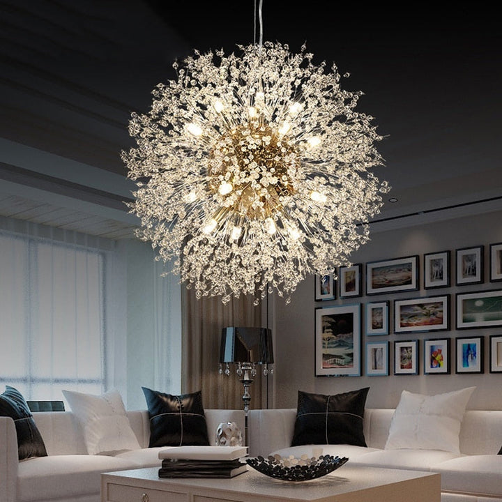 Colgante de cristal estilo diente de león. Lámpara de techo contemporánea para salón.