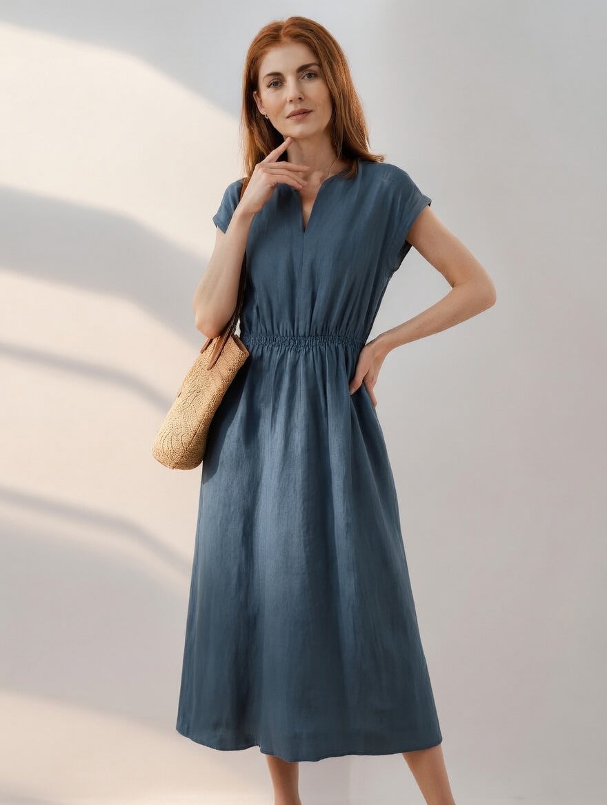 Vestido de lino azul marroquí para mujer, estilo fluido y veraniego, ideal para ocasiones casuales.