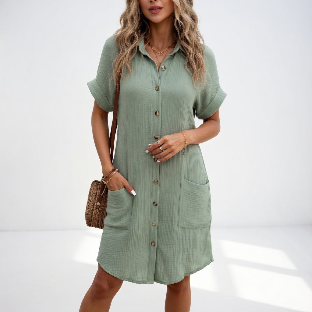 Vestido camisero mujer con bolsillos prácticos, estilo casual y elegante para verano.