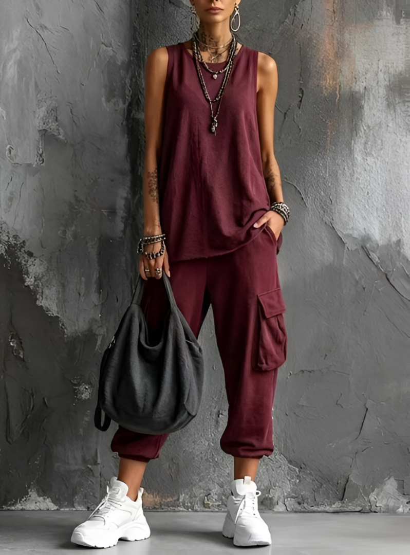 Conjunto de verano cómodo para mujer: top sin mangas y pantalón cargo casual.