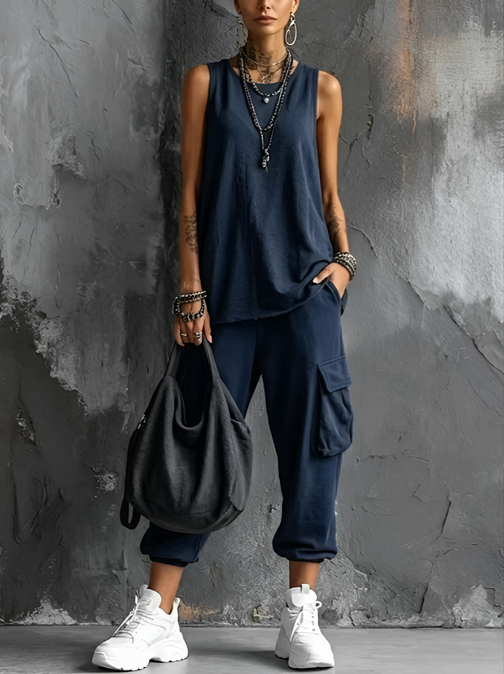 Pantalón cargo de mujer con bolsillos, ideal para conjunto casual y estilo urbano.